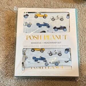 NWT Posh Peanut Swaddle and Headwrap Set - Blue and Yellow